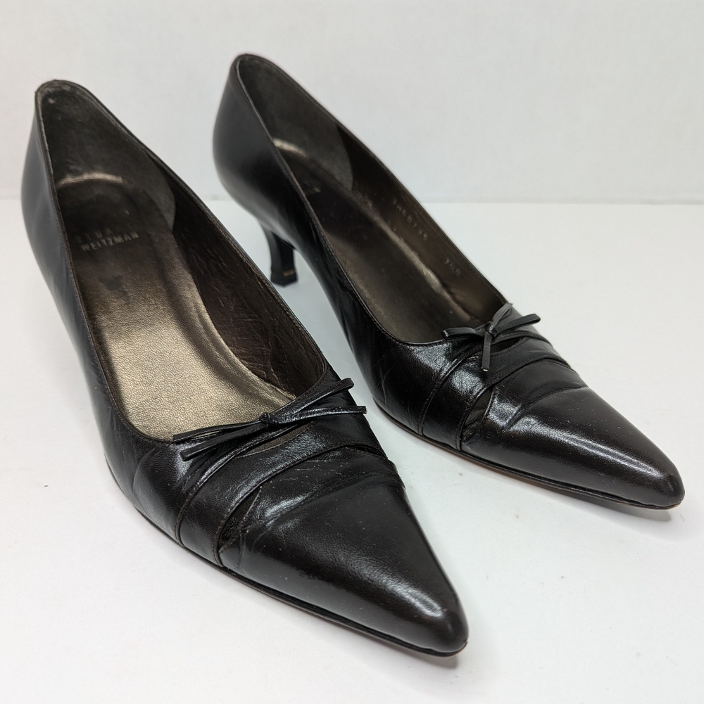 Stuart Weitzman Brown Leather Pointed Toe Heels Womens Size 7.5 Bow Accent Pumps